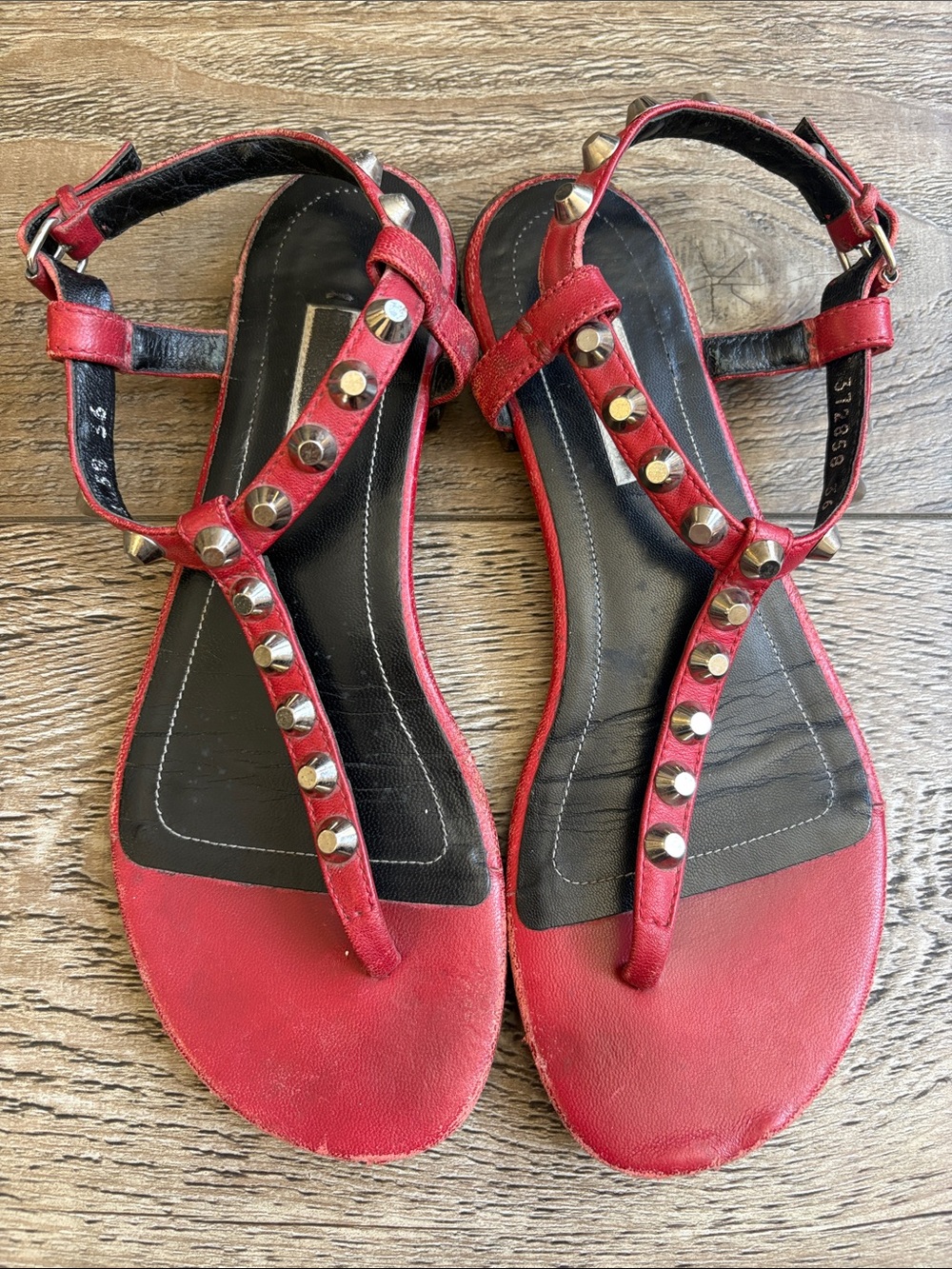 Balenciaga Red City Gunmetal Studded Leather T-Strap Sandals w Ankle Strap